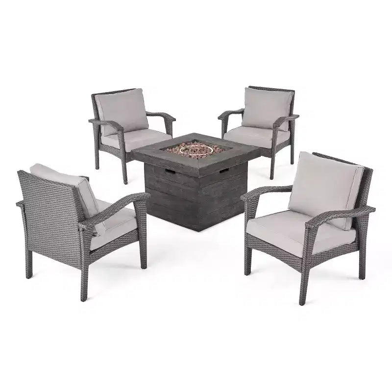 Keana 5pc Faux Rattan Club Chair & Fire Pit Chat Set - Gray/Light Gray - Christopher Knight Home