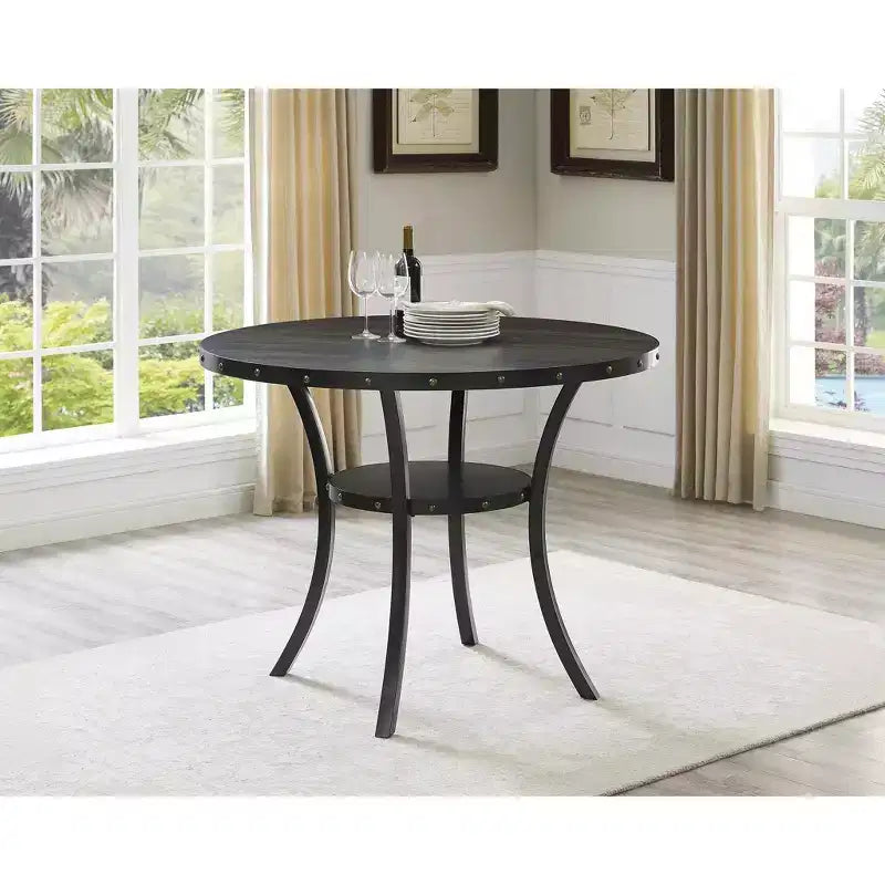 Ensemble de salle à manger Roundhill Furniture Biony en bois espresso à hauteur de comptoir avec tabourets à clous en tissu bleu