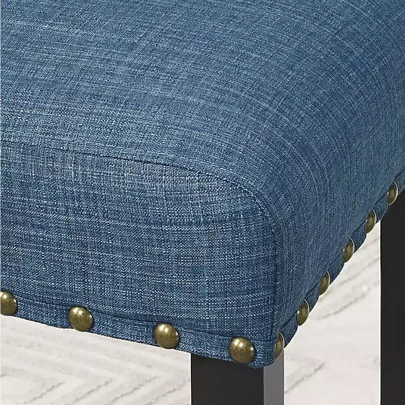 Ensemble de salle à manger Roundhill Furniture Biony en bois espresso à hauteur de comptoir avec tabourets à clous en tissu bleu