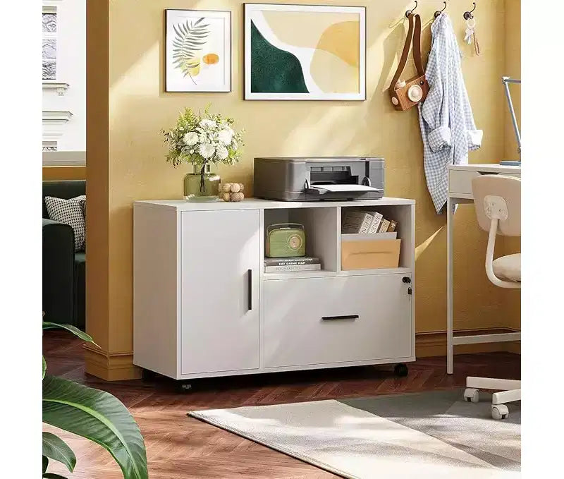 Meuble de rangement de bureau avec serrure, classeur latéral en bois à 1 tiroir sur roulettes, support d'imprimante avec étagères de rangement ouvertes pour bureau à domicile