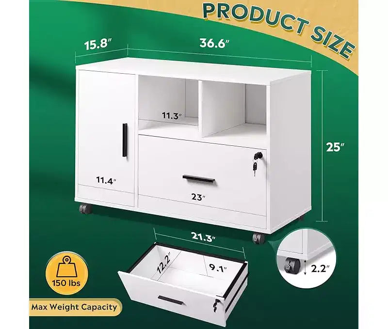 Meuble de rangement de bureau avec serrure, classeur latéral en bois à 1 tiroir sur roulettes, support d'imprimante avec étagères de rangement ouvertes pour bureau à domicile