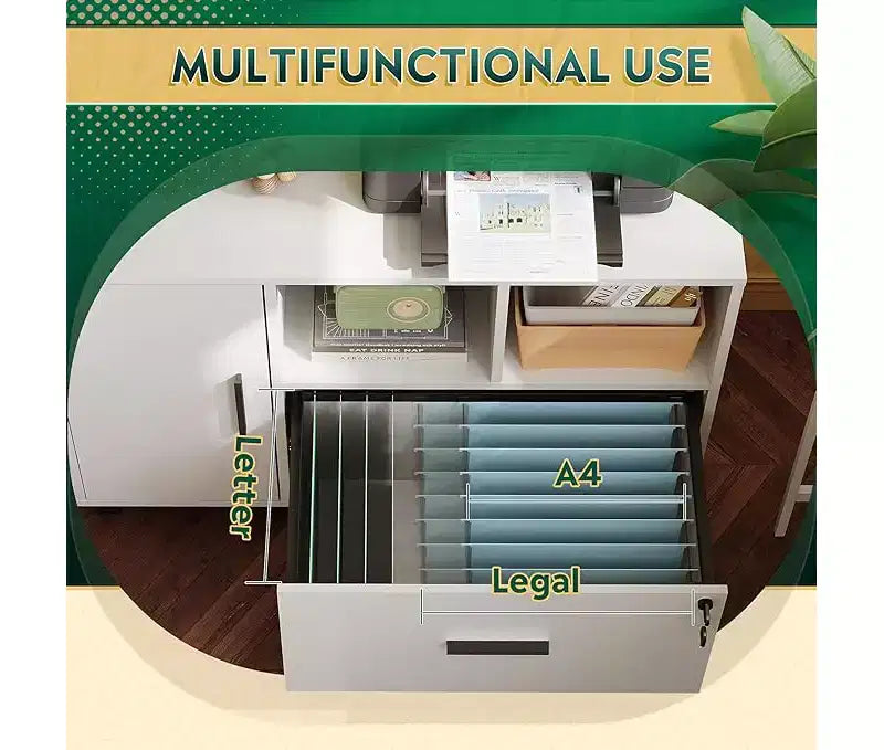 Meuble de rangement de bureau avec serrure, classeur latéral en bois à 1 tiroir sur roulettes, support d'imprimante avec étagères de rangement ouvertes pour bureau à domicile