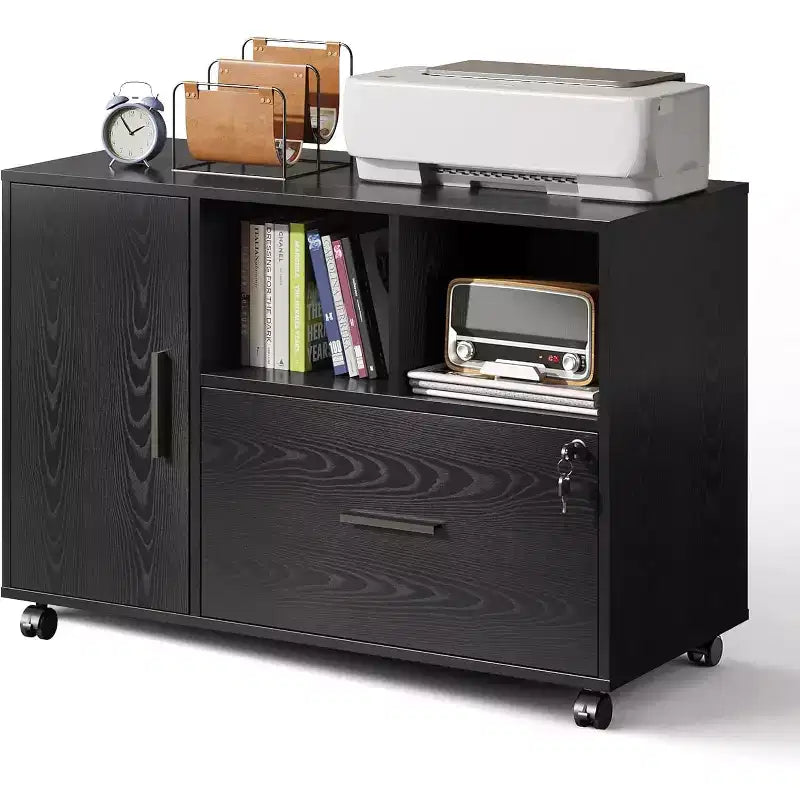 Meuble de rangement de bureau avec serrure, classeur latéral en bois à 1 tiroir sur roulettes, support d'imprimante avec étagères de rangement ouvertes pour bureau à domicile