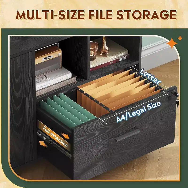 Meuble de rangement de bureau avec serrure, classeur latéral en bois à 1 tiroir sur roulettes, support d'imprimante avec étagères de rangement ouvertes pour bureau à domicile