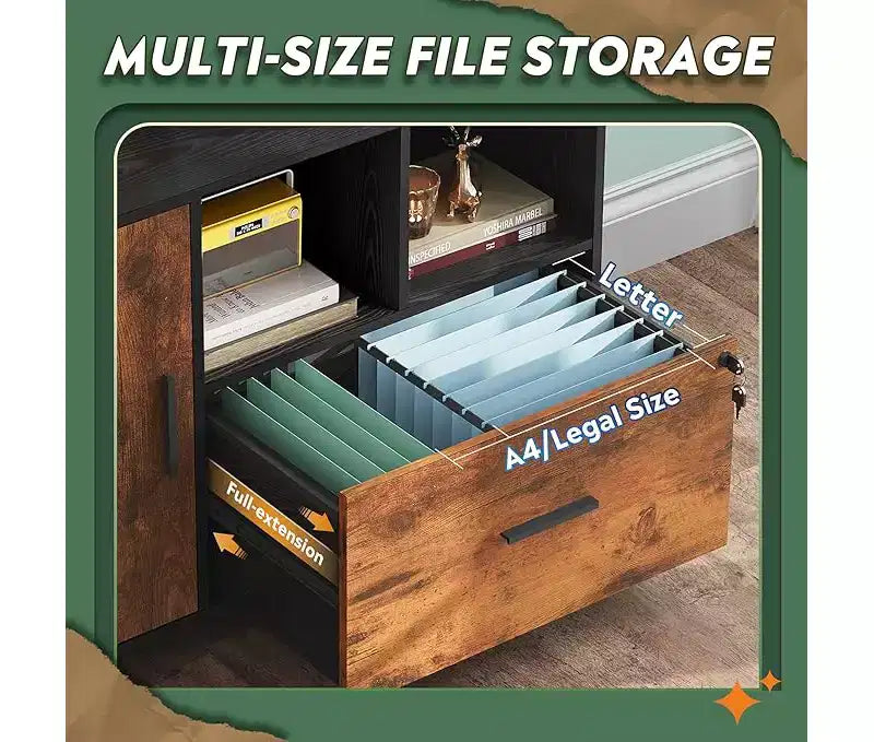 Meuble de rangement de bureau avec serrure, classeur latéral en bois à 1 tiroir sur roulettes, support d'imprimante avec étagères de rangement ouvertes pour bureau à domicile