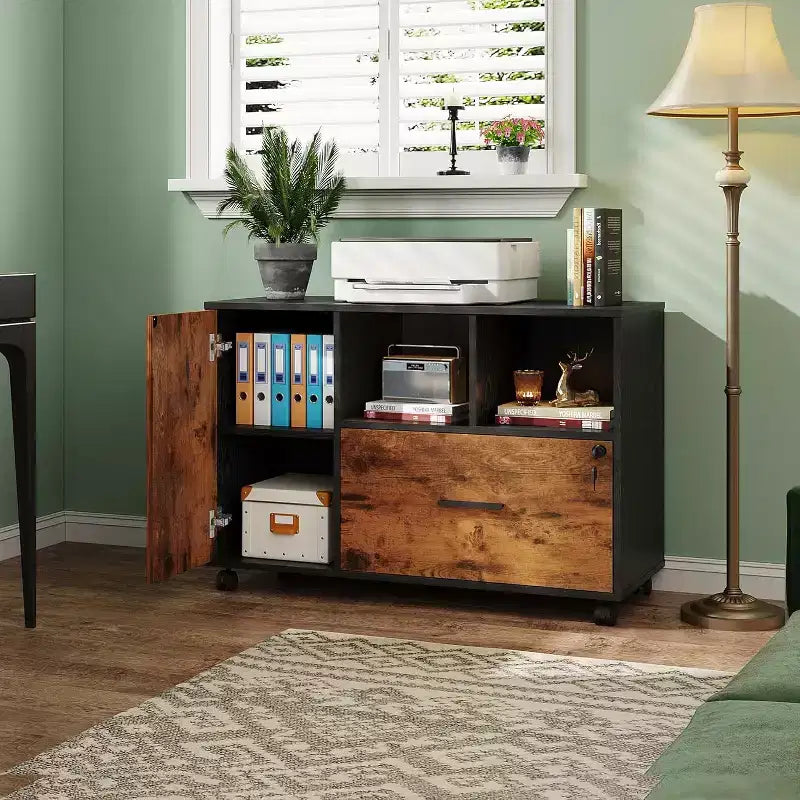 Meuble de rangement de bureau avec serrure, classeur latéral en bois à 1 tiroir sur roulettes, support d'imprimante avec étagères de rangement ouvertes pour bureau à domicile