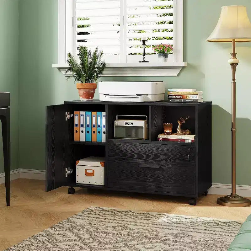 Office File Cabinet with Lock, 1-Drawer Wood Lateral Filing Cabinet on Wheels, Printer Stand with Open Storage Shelves for Home Office