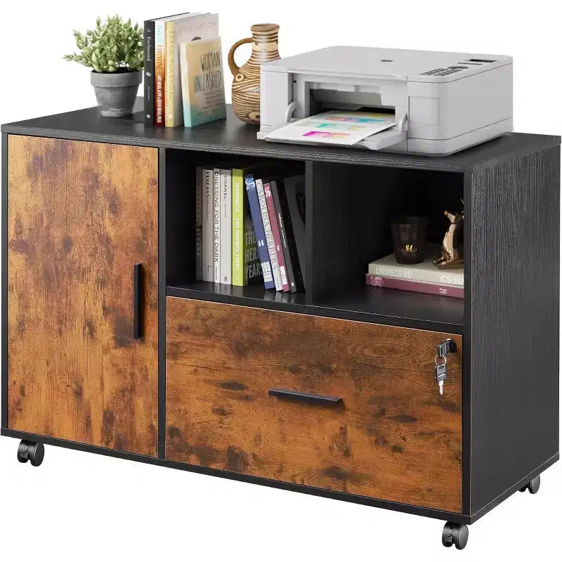 Meuble de rangement de bureau avec serrure, classeur latéral en bois à 1 tiroir sur roulettes, support d'imprimante avec étagères de rangement ouvertes pour bureau à domicile