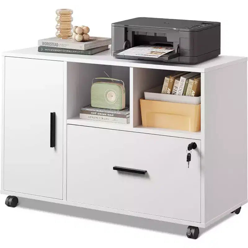 Meuble de rangement de bureau avec serrure, classeur latéral en bois à 1 tiroir sur roulettes, support d'imprimante avec étagères de rangement ouvertes pour bureau à domicile