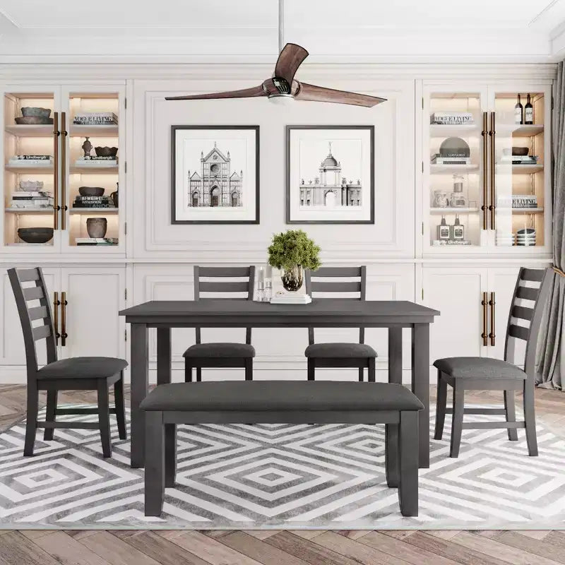 Ensemble de salle à manger rustique Whisen 6 pièces en bois avec 4 chaises et un banc