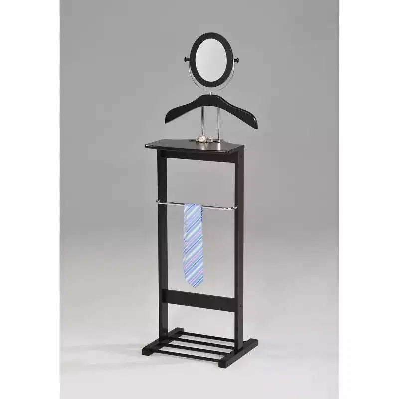Meuble – Portant à Vêtements en Bois avec Cintre de Costume, Barre pour Pantalons, Support pour Cravates et Ceintures, Étagère à Chaussures, Noir/Chrome