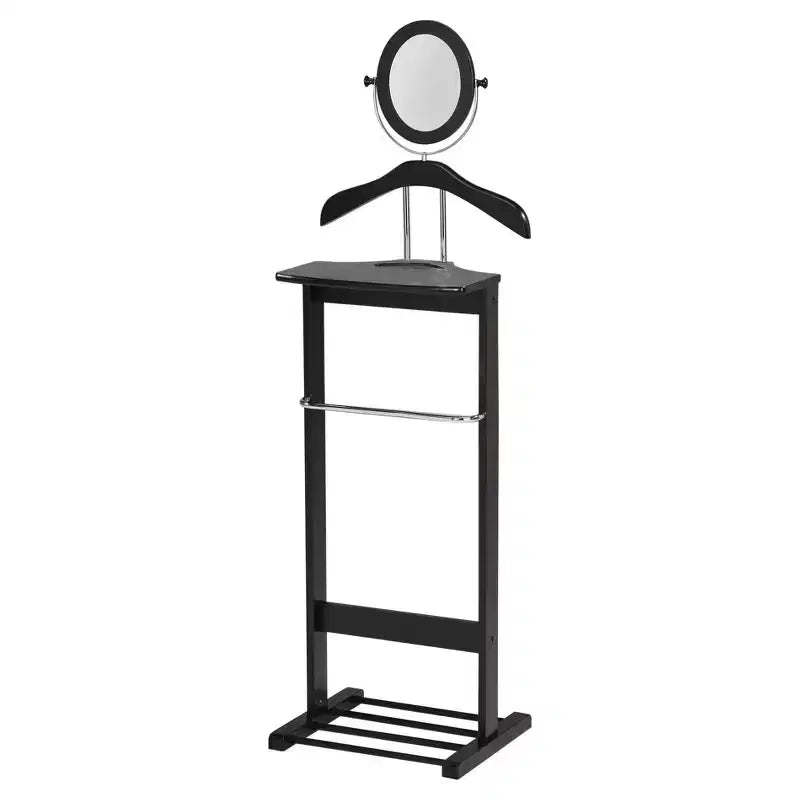 Meuble – Portant à Vêtements en Bois avec Cintre de Costume, Barre pour Pantalons, Support pour Cravates et Ceintures, Étagère à Chaussures, Noir/Chrome