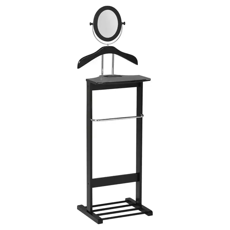Meuble – Portant à Vêtements en Bois avec Cintre de Costume, Barre pour Pantalons, Support pour Cravates et Ceintures, Étagère à Chaussures, Noir/Chrome