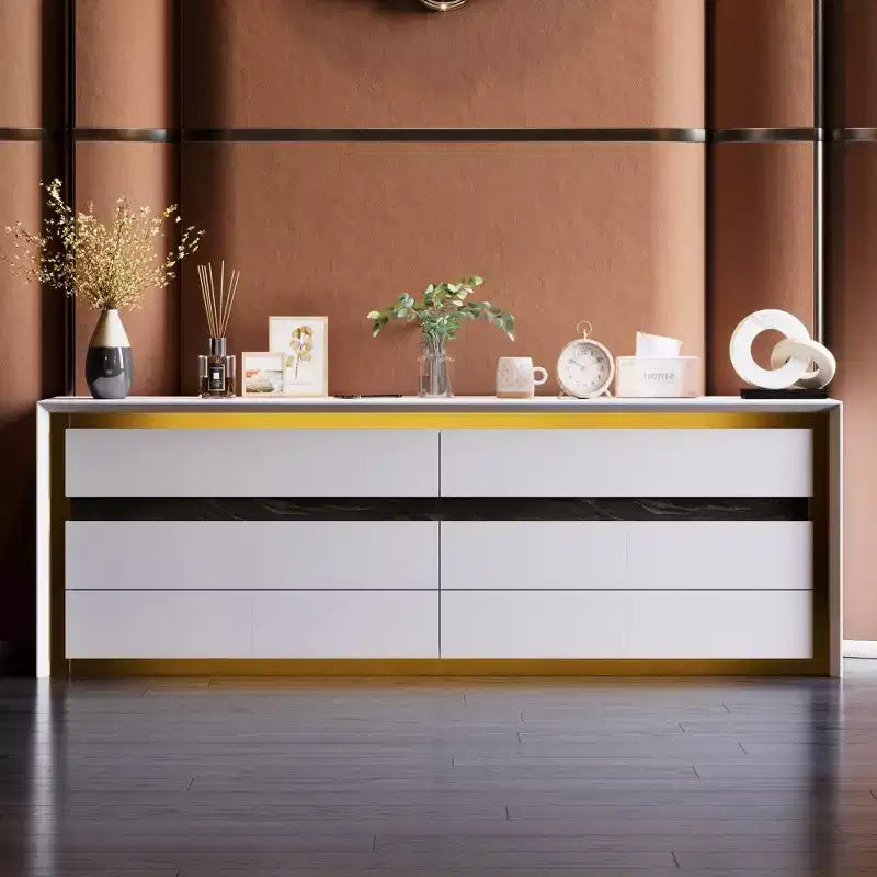 Famapy White Six Drawer Dressers Storage Cabinet Golden Inlaid Contemporary Style