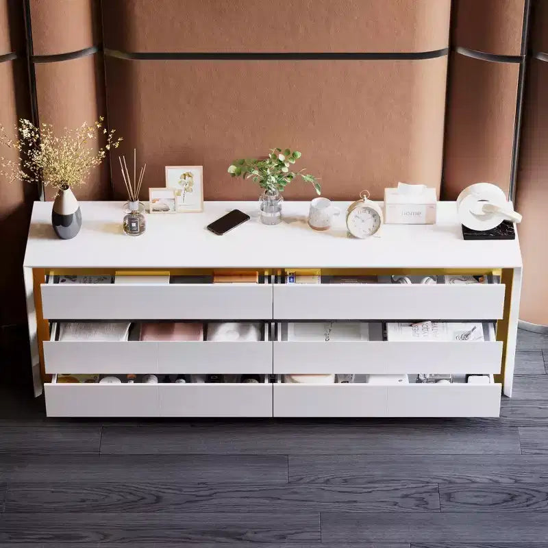 Commodes Blanches à Six Tiroirs Armoire de Rangement Dorée Encastrée Style Contemporain