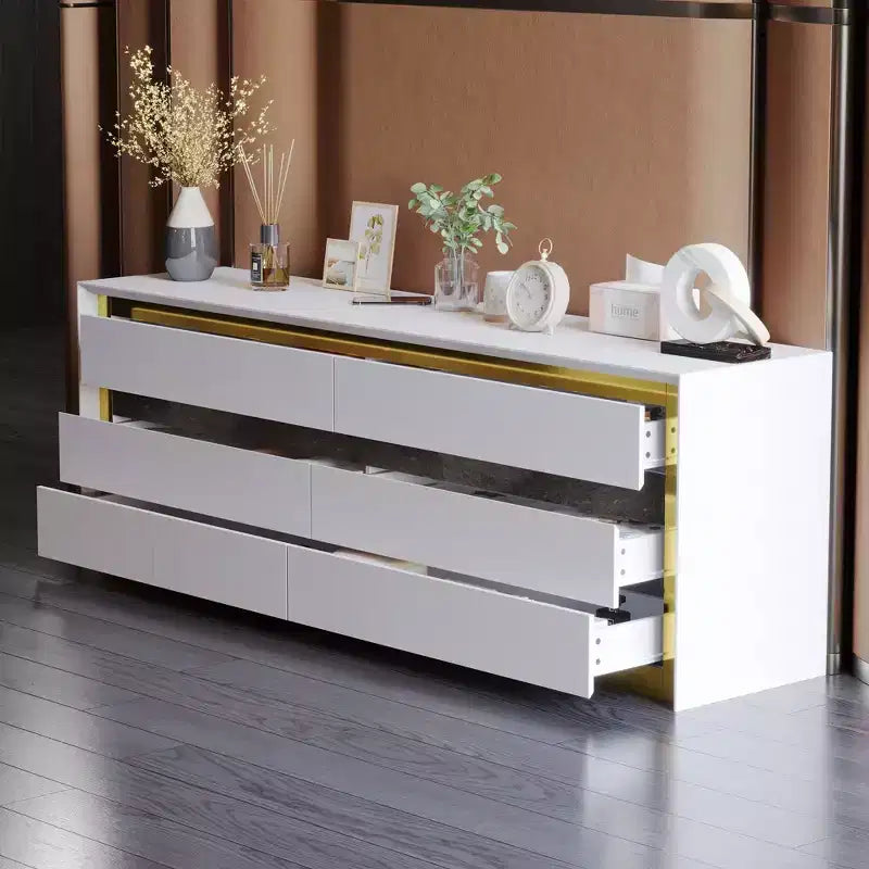 Commodes Blanches à Six Tiroirs Armoire de Rangement Dorée Encastrée Style Contemporain