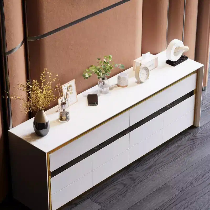Commodes Blanches à Six Tiroirs Armoire de Rangement Dorée Encastrée Style Contemporain