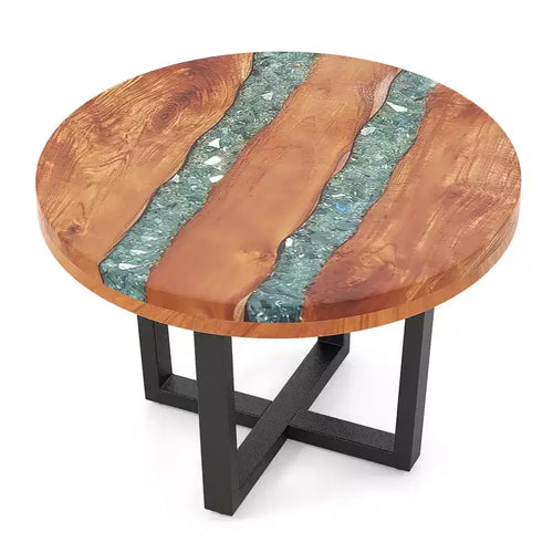 Costway 24 Round Teak Wood End Table with Epoxy Resin Tabletop Mahogany Base for Patio