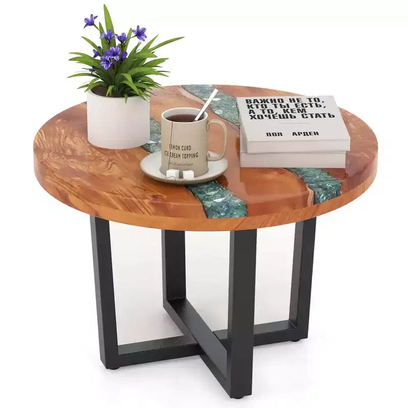 Table d'appoint ronde en teck de 24 pouces avec plateau en résine époxy et base en acajou pour terrasse