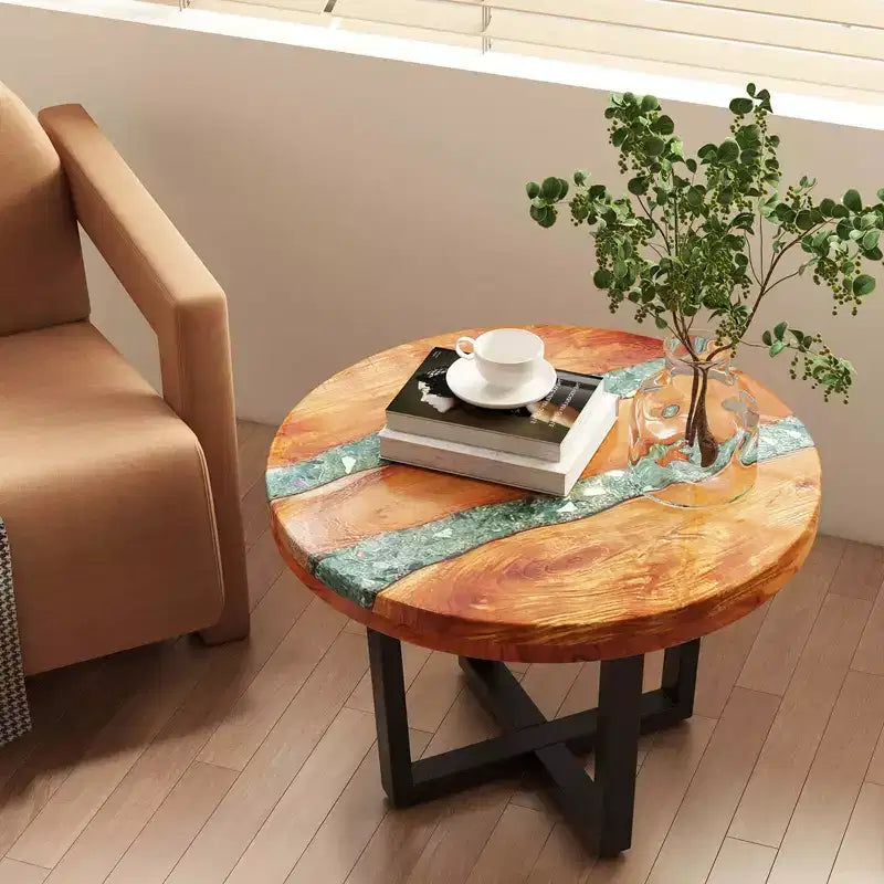 Table d'appoint ronde en teck de 24 pouces avec plateau en résine époxy et base en acajou pour terrasse