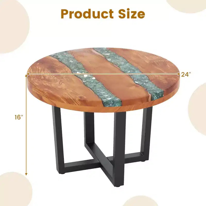 Table d'appoint ronde en teck de 24 pouces avec plateau en résine époxy et base en acajou pour terrasse