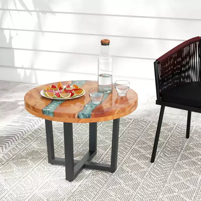 Table d'appoint ronde en teck de 24 pouces avec plateau en résine époxy et base en acajou pour terrasse