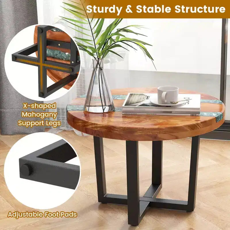 Table d'appoint ronde en teck de 24 pouces avec plateau en résine époxy et base en acajou pour terrasse