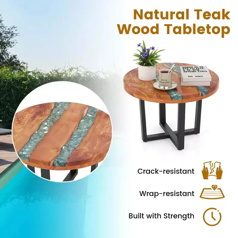 Table d'appoint ronde en teck de 24 pouces avec plateau en résine époxy et base en acajou pour terrasse