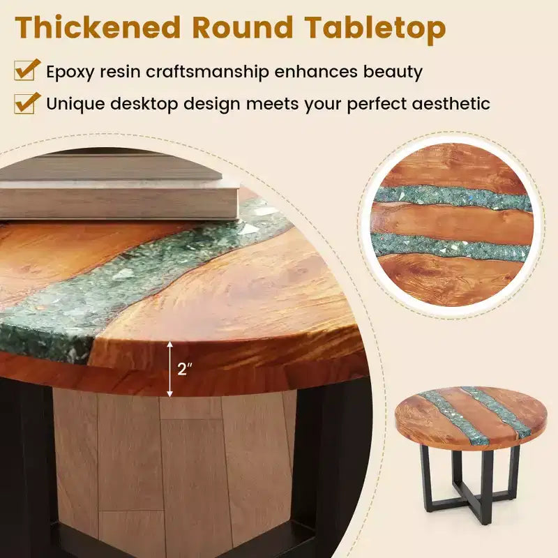 Table d'appoint ronde en teck de 24 pouces avec plateau en résine époxy et base en acajou pour terrasse