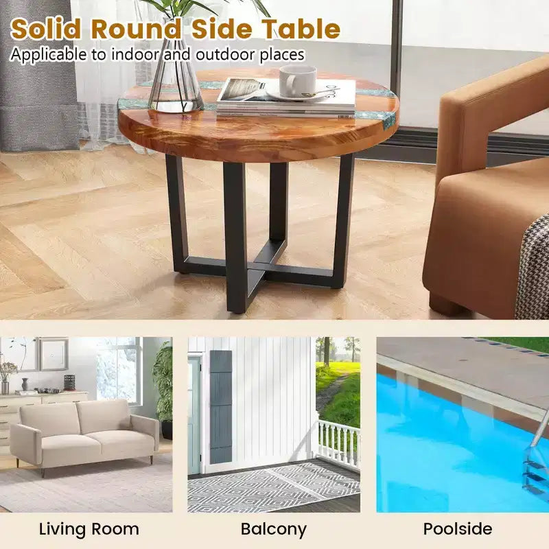 Table d'appoint ronde en teck de 24 pouces avec plateau en résine époxy et base en acajou pour terrasse