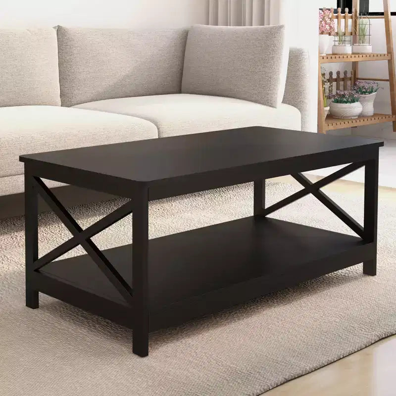 AndMakers 39.57 in. Black Rectangle Wood Coffee Table with Shelf