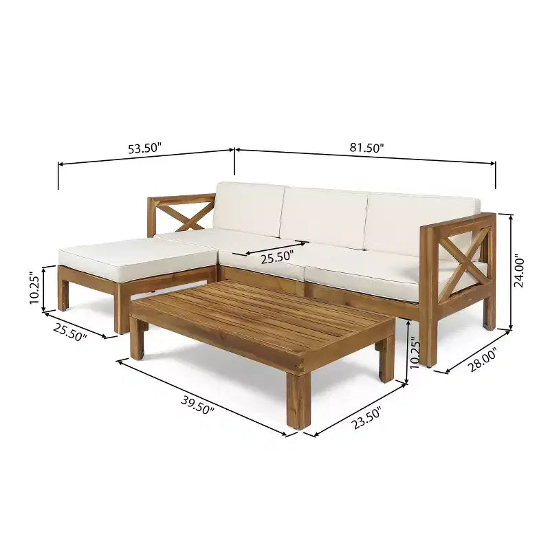 GDFStudio Allaire Canapé sectionnel 3 places en bois d'acacia avec pouf