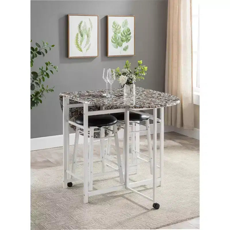 Kings Brand Furniture Ensemble de salle à manger 3 pièces Akins avec plateau de table imitation marbre et tabourets en similicuir à abattants