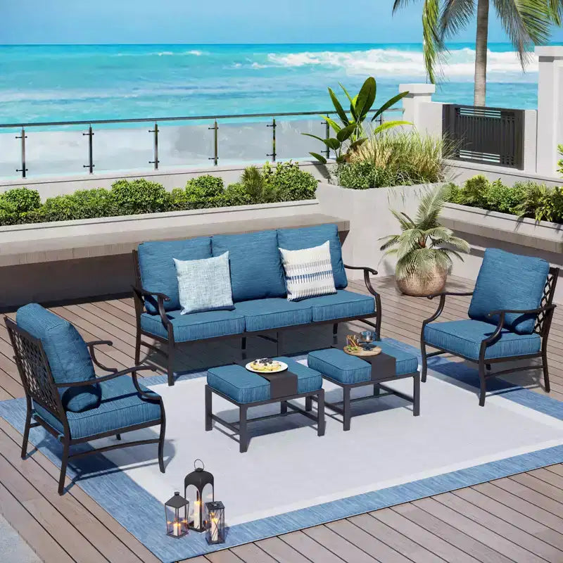Captiva Designs Salon de conversation d'extérieur 5 pièces en métal avec fauteuils et ottomans à dossier grillagé
