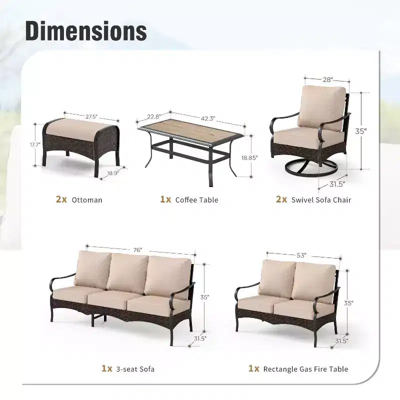 Captiva Designs Salon de conversation de 7 pièces extra large en métal et rotin pour patio avec causeuse et fauteuils pivotants