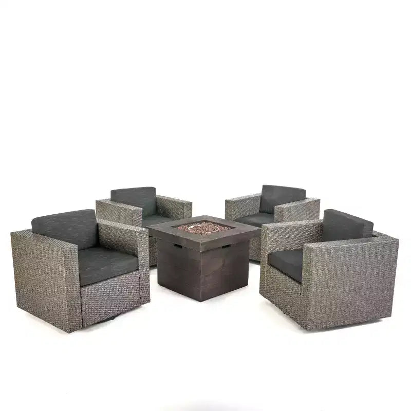 GDFStudio Venise Ensemble d'extérieur 5 pièces avec fauteuil pivotant en osier et foyer avec coussins