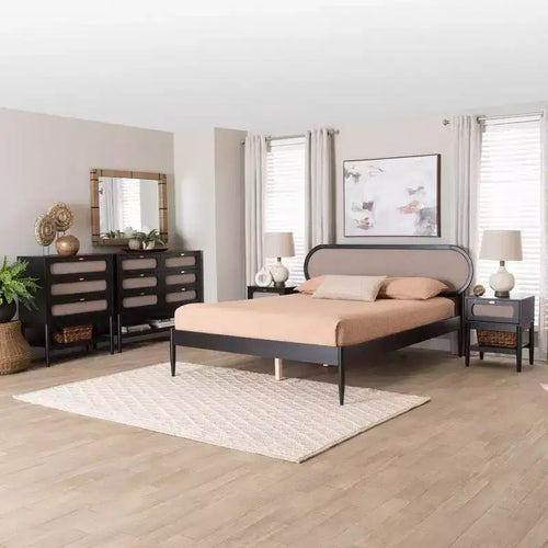 Baxton Studio Shirin Mid-Century Beige Fabric and Black Wood Queen 5-Piece Bedroom Set