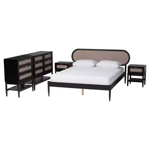 Ensemble de chambre à coucher 5 pièces Queen Baxton Studio Shirin, tissu beige et bois noir, style milieu de siècle
