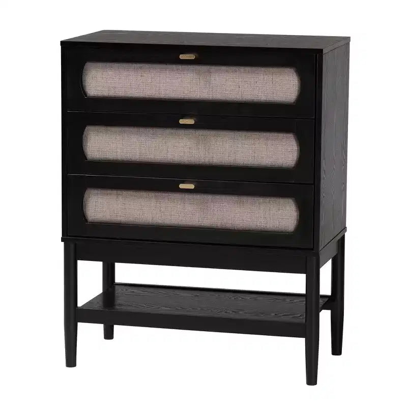 Ensemble de chambre à coucher 5 pièces Queen Baxton Studio Shirin, tissu beige et bois noir, style milieu de siècle
