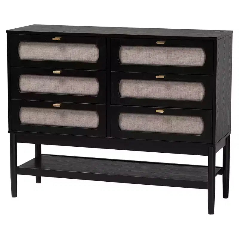 Ensemble de chambre à coucher 5 pièces Queen Baxton Studio Shirin, tissu beige et bois noir, style milieu de siècle