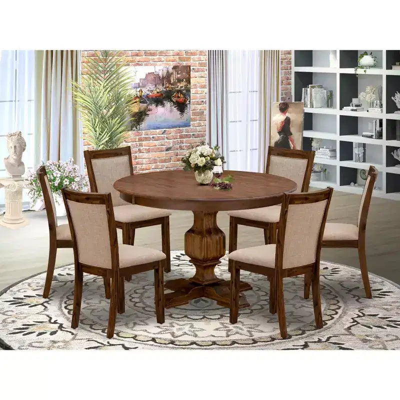 Ensemble de salle à manger moderne HomeStock avec table ronde et chaises en lin noyer