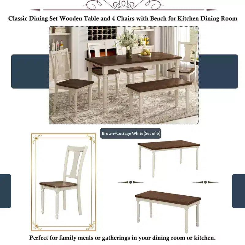 Ensemble de salle à manger 6 pièces avec 4 chaises et un banc, style rétro classique, marron+blanc cottage-HABITRIO
