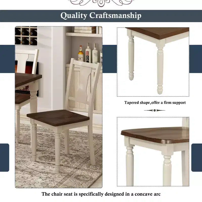 Ensemble de salle à manger 6 pièces avec 4 chaises et un banc, style rétro classique, marron+blanc cottage-HABITRIO