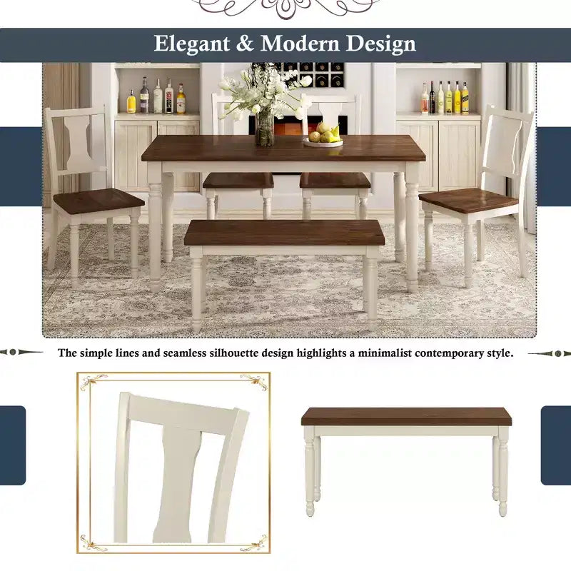 Ensemble de salle à manger 6 pièces avec 4 chaises et un banc, style rétro classique, marron+blanc cottage-HABITRIO