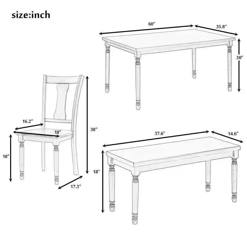 Ensemble de salle à manger 6 pièces avec 4 chaises et un banc, style rétro classique, marron+blanc cottage-HABITRIO