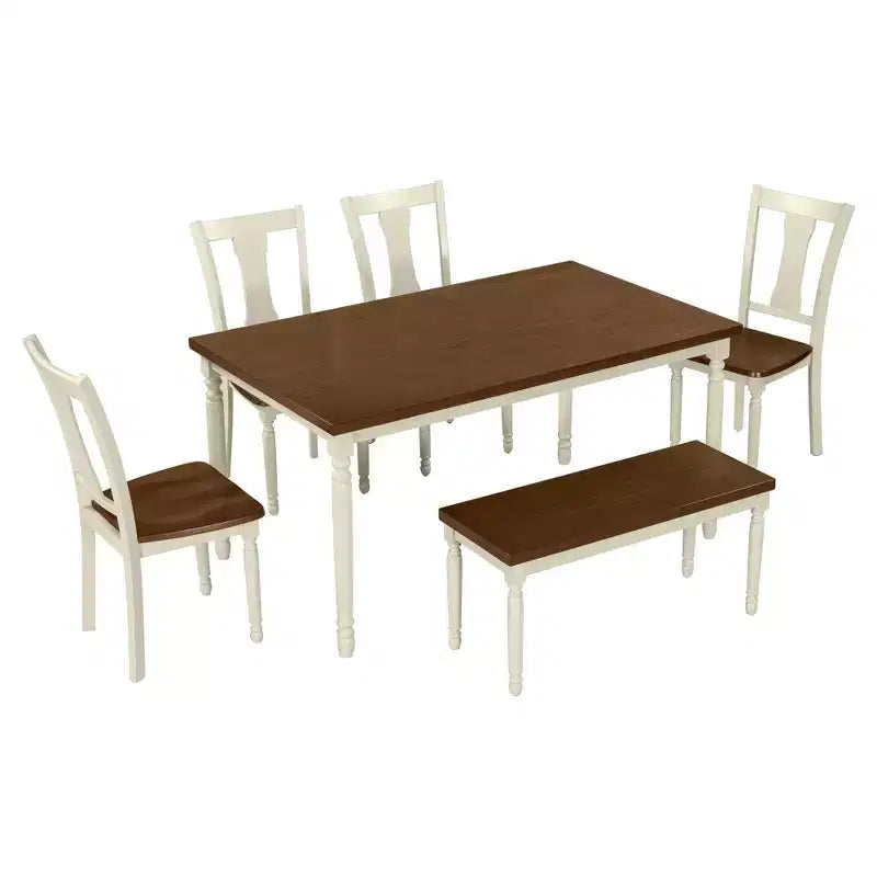 Ensemble de salle à manger 6 pièces avec 4 chaises et un banc, style rétro classique, marron+blanc cottage-HABITRIO