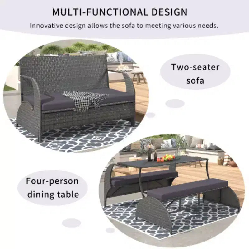 Banc de jardin transformable : 4 places, se convertit en table et chaises