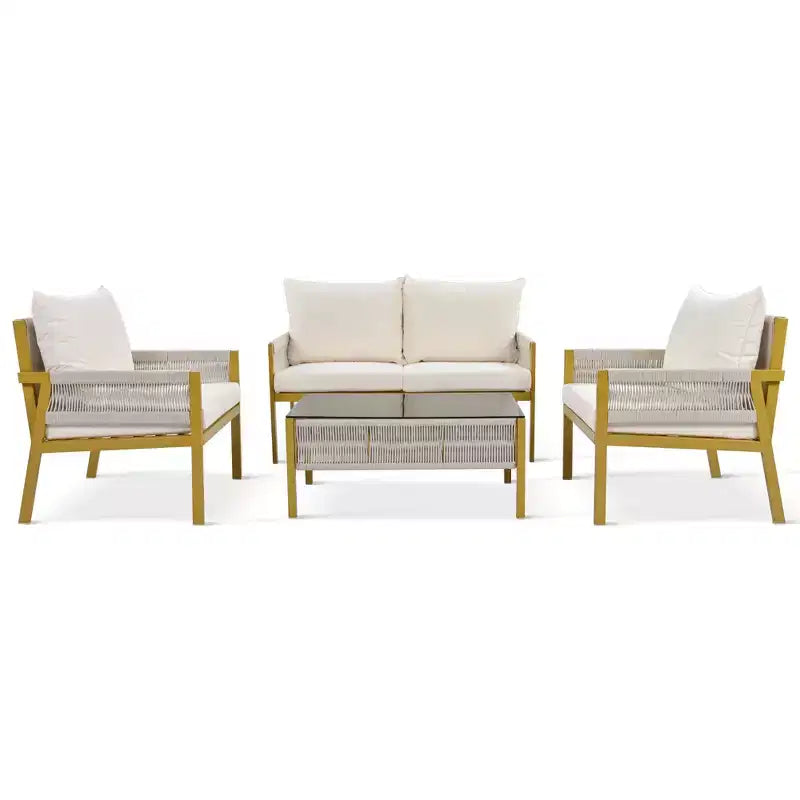 Ensemble de meubles d'extérieur 4 pièces Whisen avec table en verre trempé, salon de jardin