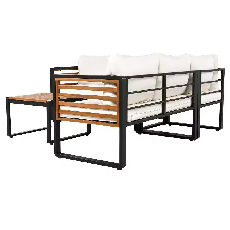 Ensemble de conversation d'extérieur 4 pièces Whisen en métal et bois, résistant aux intempéries, avec canapé modulable et coussins et table