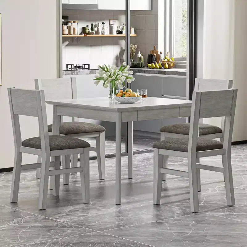 Ensemble de salle à manger 5 pièces VECELO de style ferme pour 4 personnes, table carrée en bois d'hévéa et 4 chaises de salle à manger rembourrées, gris